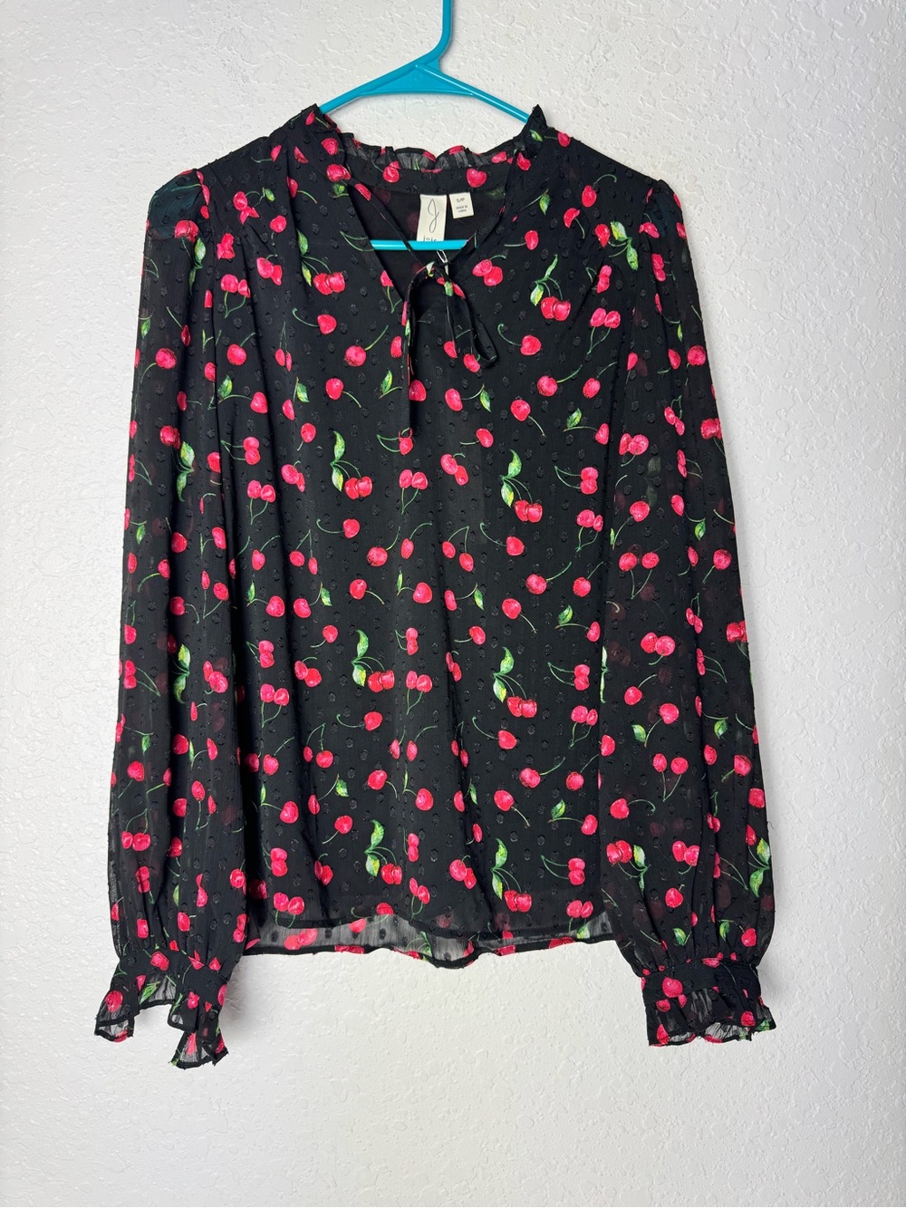 Joie Cherry Print Blouse Top Long Sleeve Ruffle Neck Tie Front Lined NWT Small